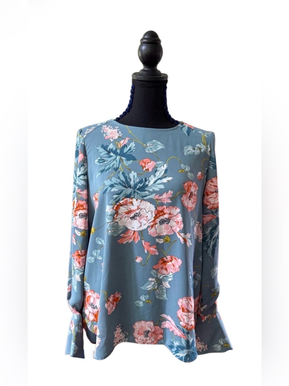 LOFT Blue Floral Long-Sleeve Blouse with Pink Blooms